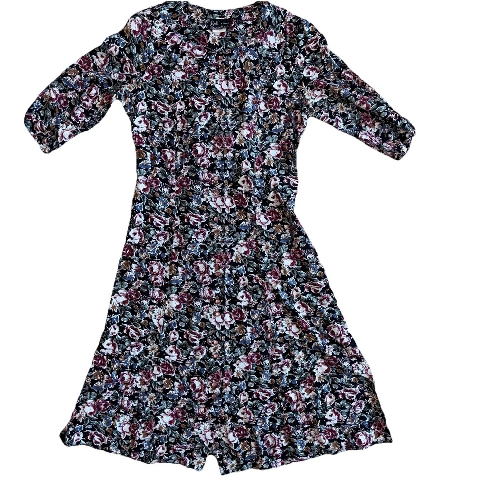 80s Vtg Floral Prairie Dress Sz 12 Button Front Drop Waist Peasant Cottagecore